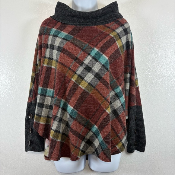 Chris & Carol Sweaters - Chris & Carol Multicolor Plaid Cowl Neck Artsy Boho Lagenloom Poncho Sweater 2XL